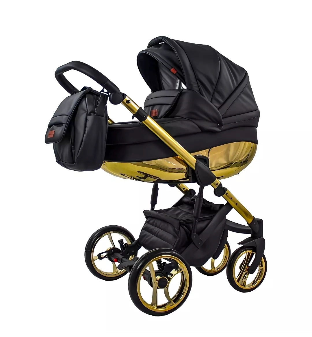 MOMMO AAA Kinderwagen 3in1 Öko-Leder – Cosmo I-Size-Sitz Schwarz/Gold plus