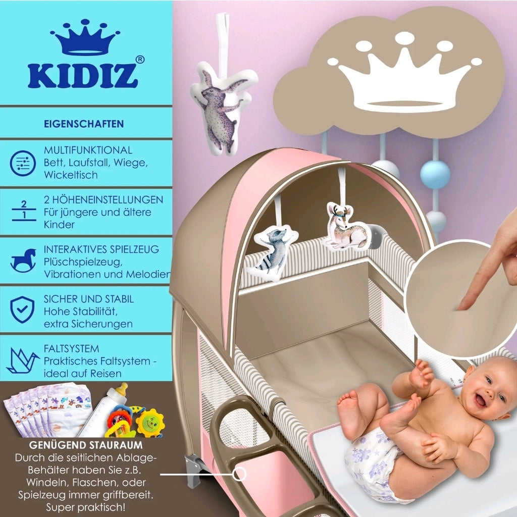 Kidiz® 4 in 1 baby bed travel cot with changing mat mosquito net