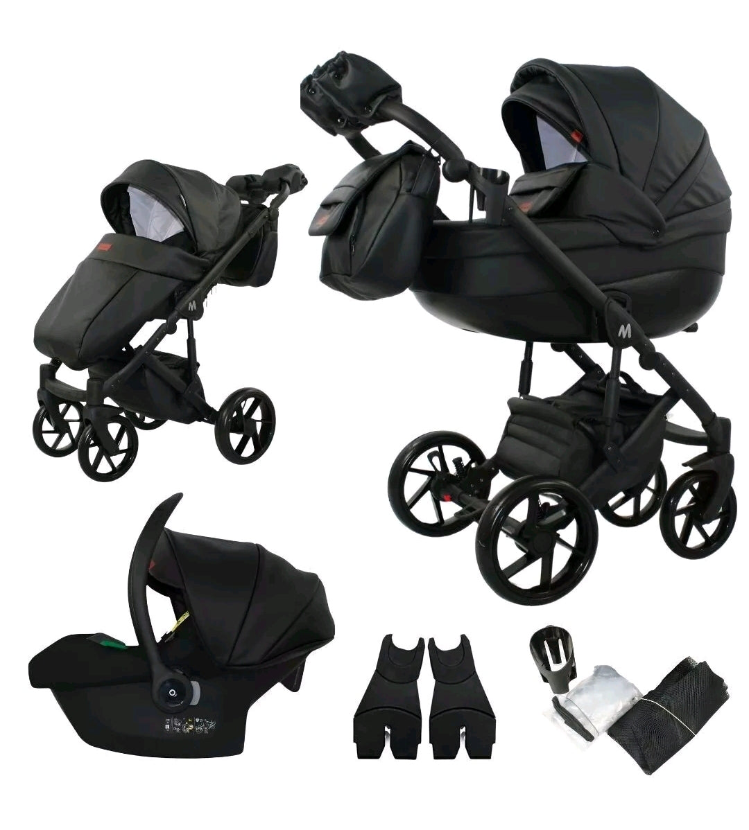MOMMO AAA Kinderwagen 3in1 Öko-Leder – Cosmo I-Size-Sitz Schwarz/Gold plus
