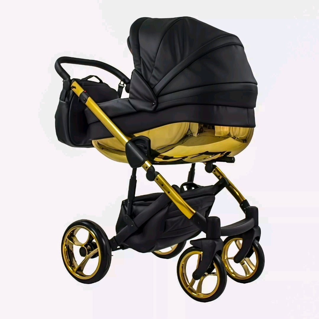 MOMMO AAA Kinderwagen 3in1 Öko-Leder – Cosmo I-Size-Sitz Schwarz/Gold plus