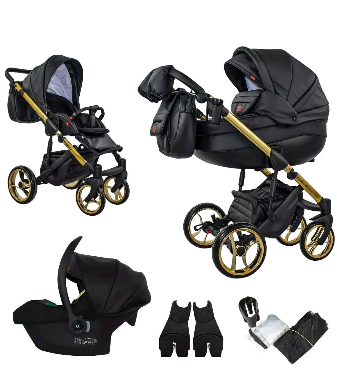 MOMMO AAA Kinderwagen 3in1 Öko-Leder – Cosmo I-Size-Sitz Schwarz/Gold plus
