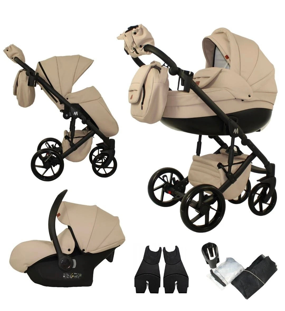 MOMMO AAA Kinderwagen 3in1 Öko-Leder – Cosmo I-Size-Sitz Schwarz/Gold plus