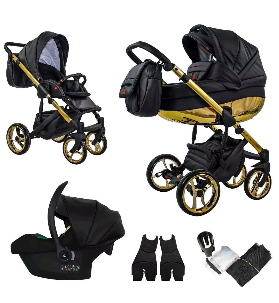 MOMMO AAA Kinderwagen 3in1 Öko-Leder – Cosmo I-Size-Sitz Schwarz/Gold plus